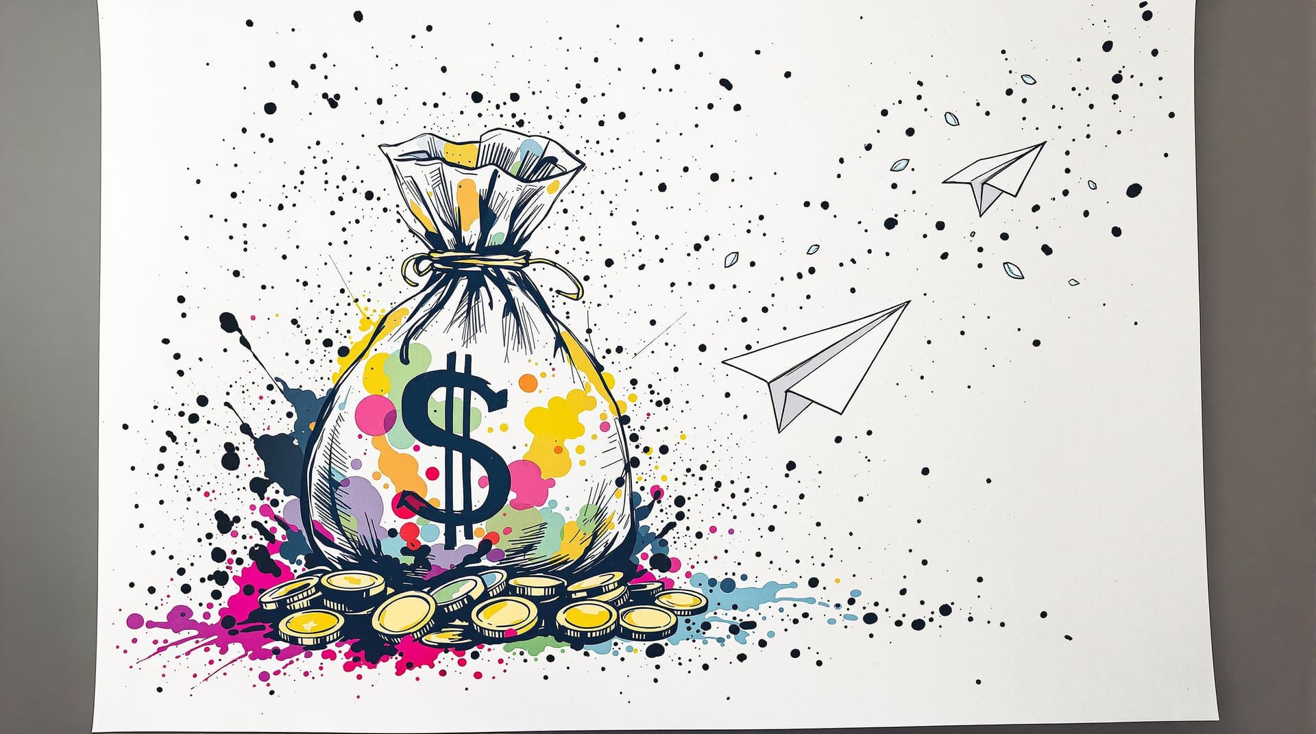 AI generated: Coins, money bag, paper airplane, detailed,full-body shots,ink style,Ink splash art on the backgroun...