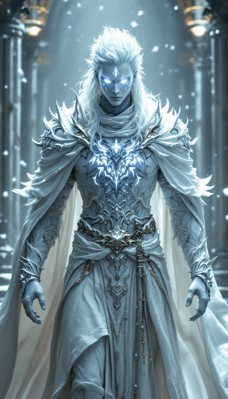 AI generated: all white, white final fantasy, male, mage, priest, white body skin, fantasy big white color full bo...