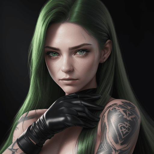 AI generated: {full portrait:1}{8k:1}{hyperrealistic:5} tattoo gloves vert_long_hairl sweat , shiny_skin 