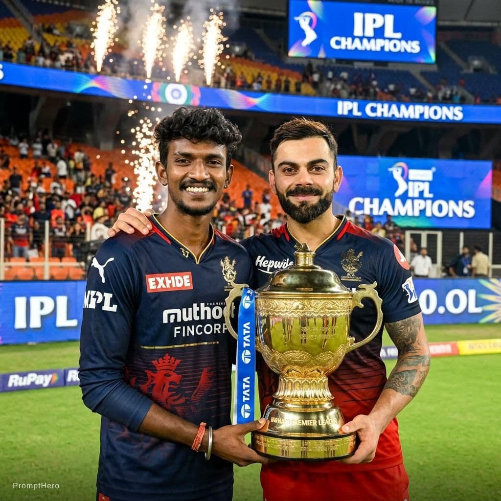 AI generated: Combine these two photos and make me to stand beside virat kohli with the ipl cup. Make virat giving...