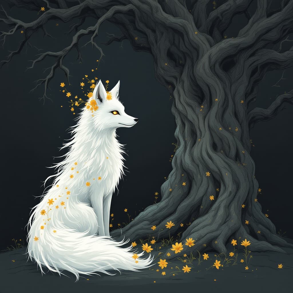 AI generated: A white fox with glowing eyes, its long white fur flowing in the wind, and golden flowers adorning i...