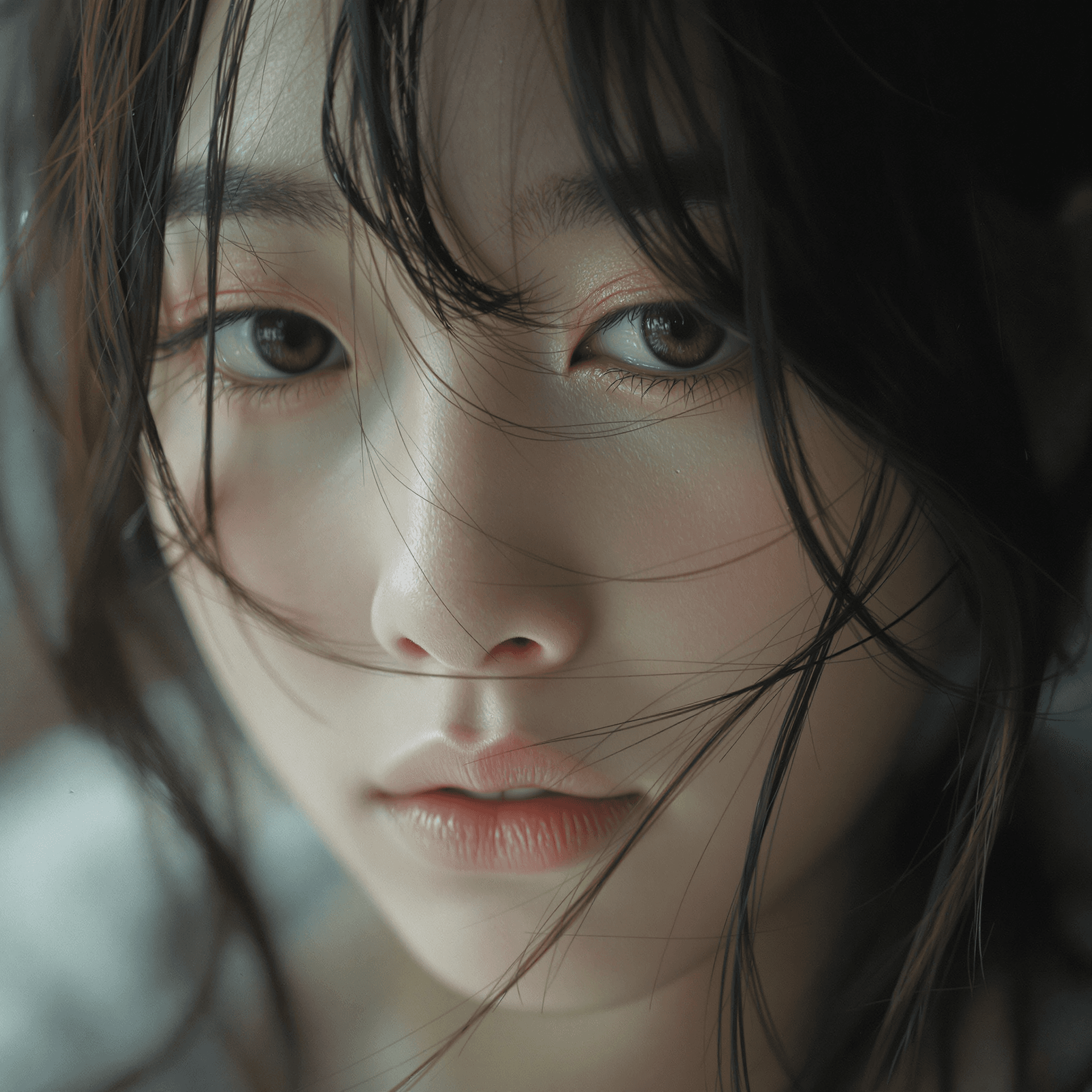 AI generated: A close-up of a 25-year-old Japanese girl singer idol makeup. Photography: "Captured with a 50mm len...