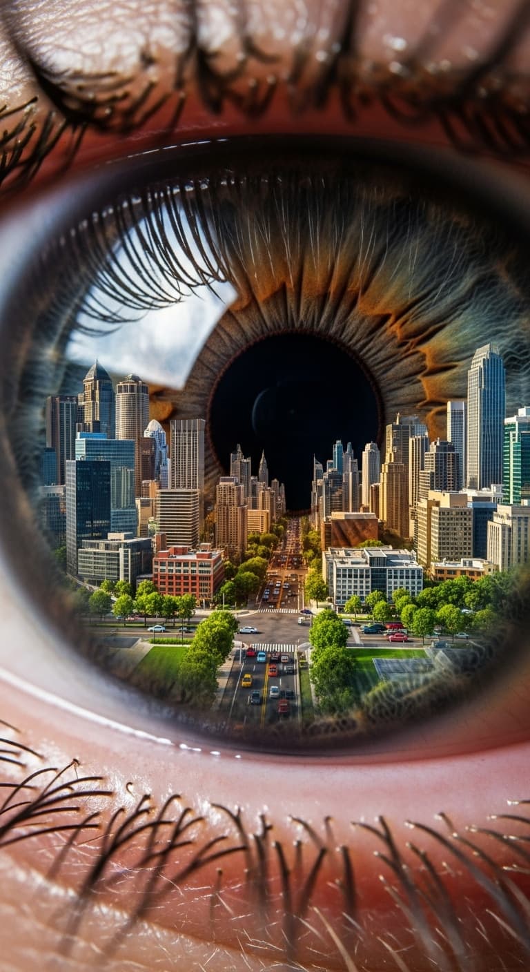 AI generated: photo-realistic, crisp, ultra detailed extreme close up of the human eye, inside the eye is a beauti...