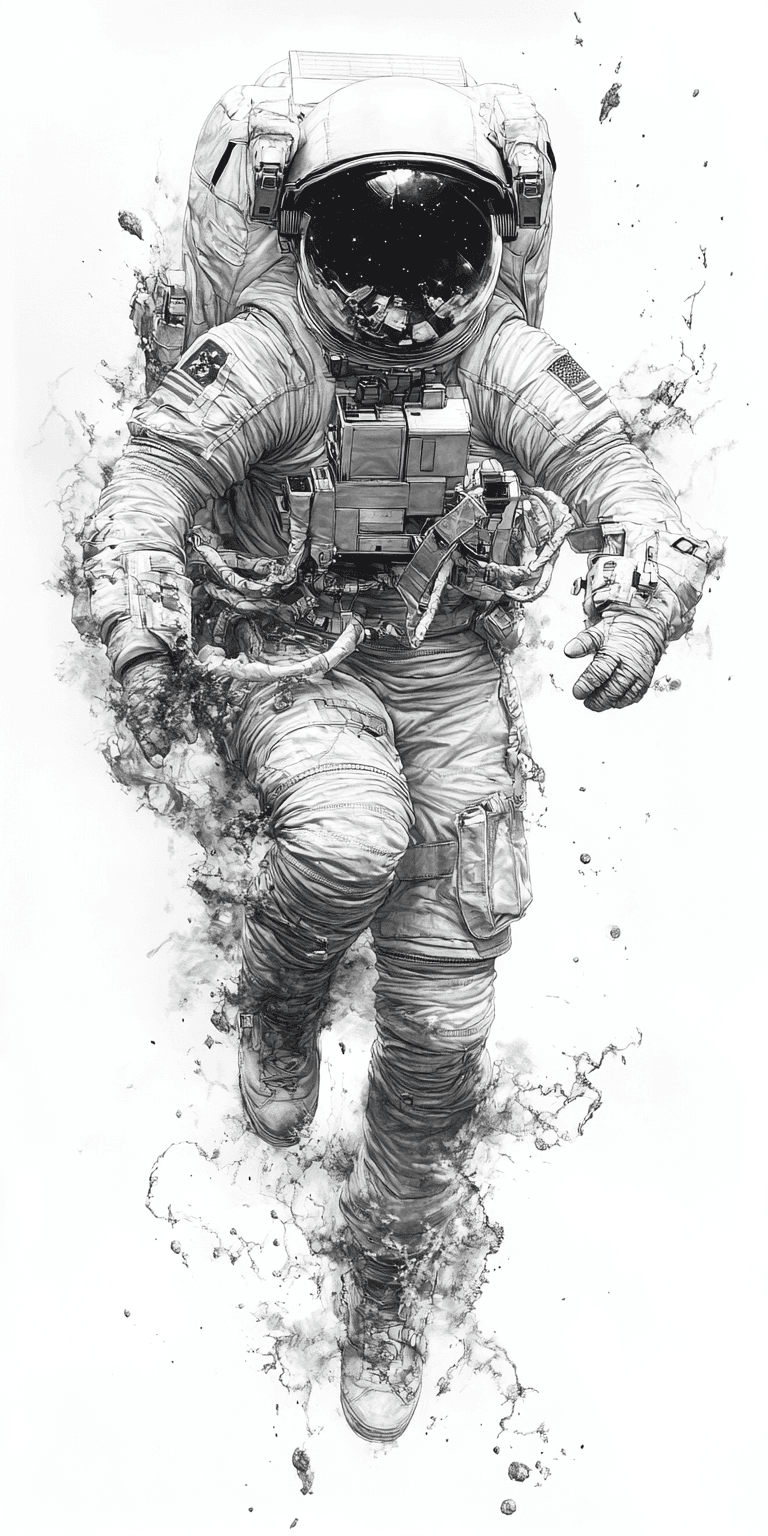 AI generated: drawing of a petits female astronaut in full space suit on a space walk, utra-detailed --ar 1:2 --st...