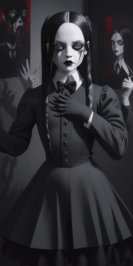 AI generated: 16k4d art rfktrstyle Wednesday Addams, Cubist Angles, (Dynamic Pose)+, perfect form, perfect composu...