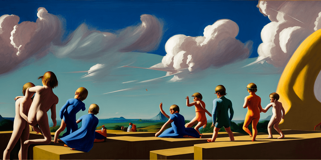 AI generated: neo rauch, edward hopper, david hockney, children playing on rooftop, people looking to horizon, epi...
