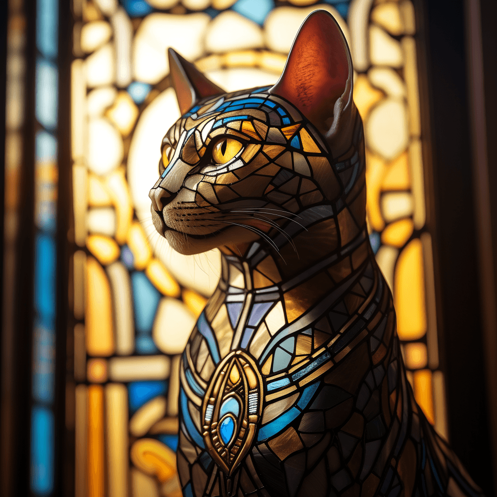 AI generated: a beautiful stained glass window of a majestic egyptian cat. its body is facing towards the side and...
