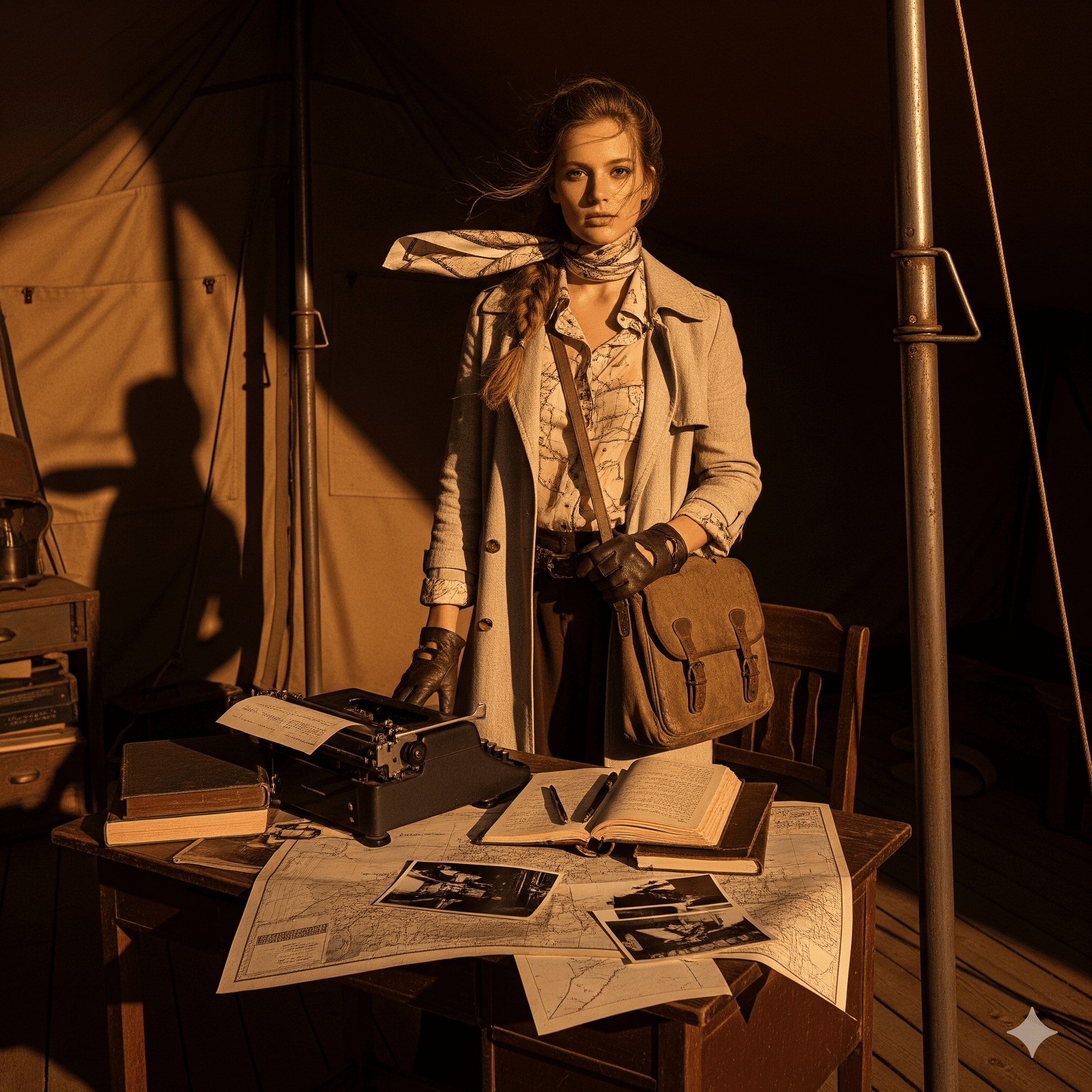 AI generated: Editorial-style photo of a woman inside a vintage desert tent at twilight. She wears a sun-faded lin...