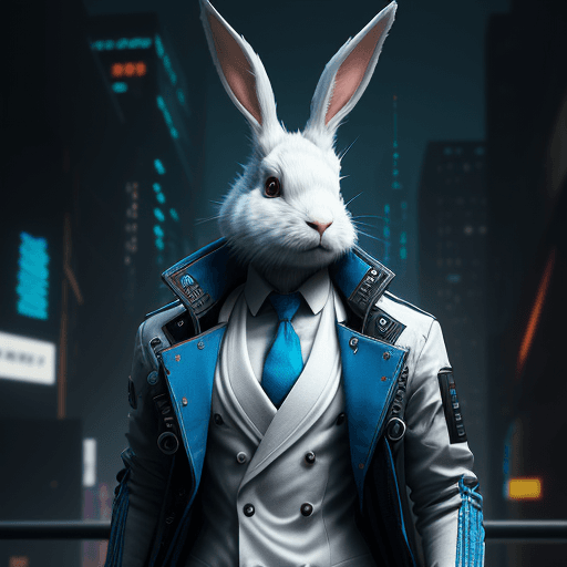 AI generated: anthropomorphic cyberpunk rabbit| hyperrealism| intricate details| unreal engine| white suit | blue ...