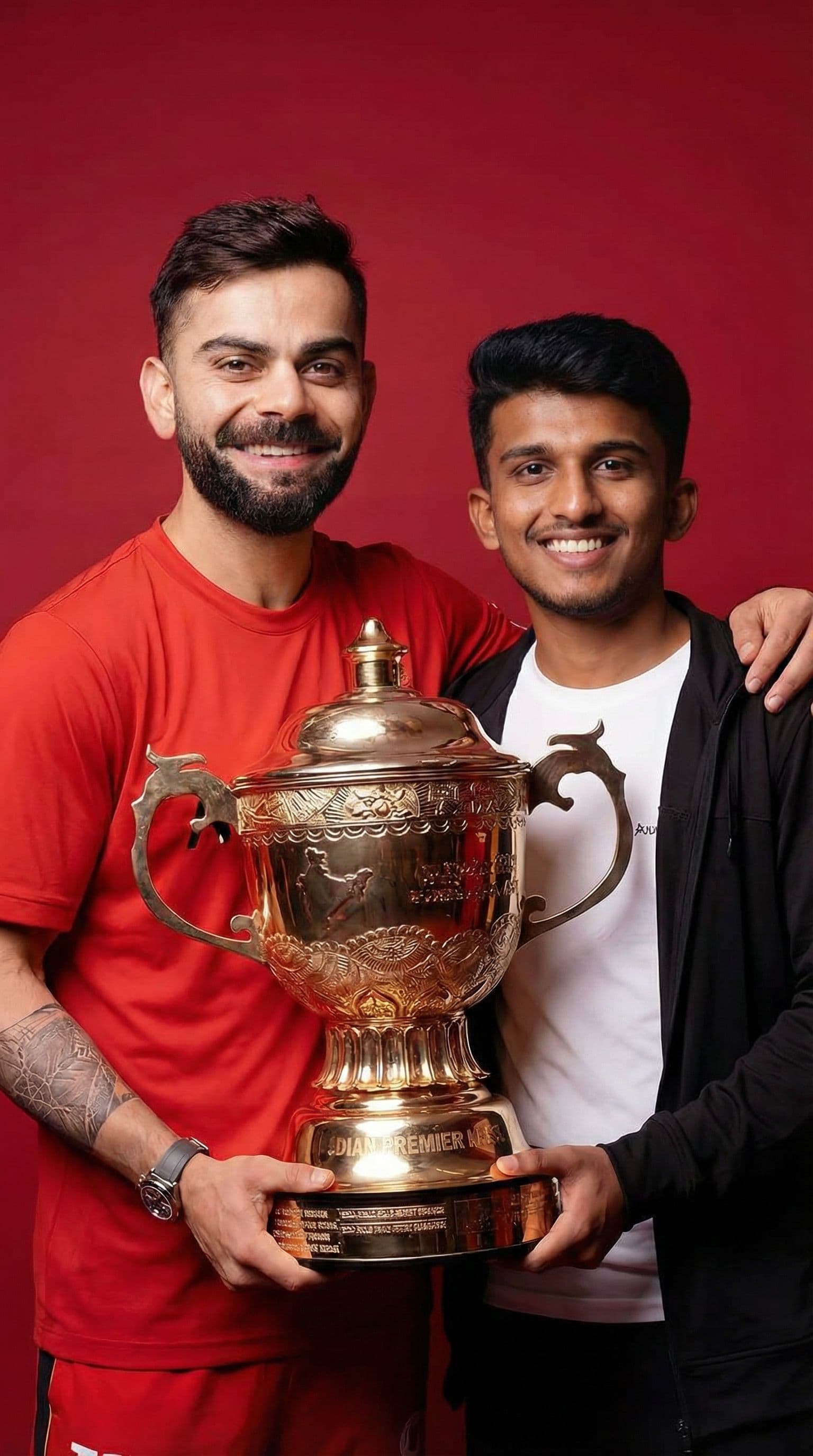 AI generated: Combine these two photos and make me to stand beside virat kohli with the ipl cup. Make virat giving...