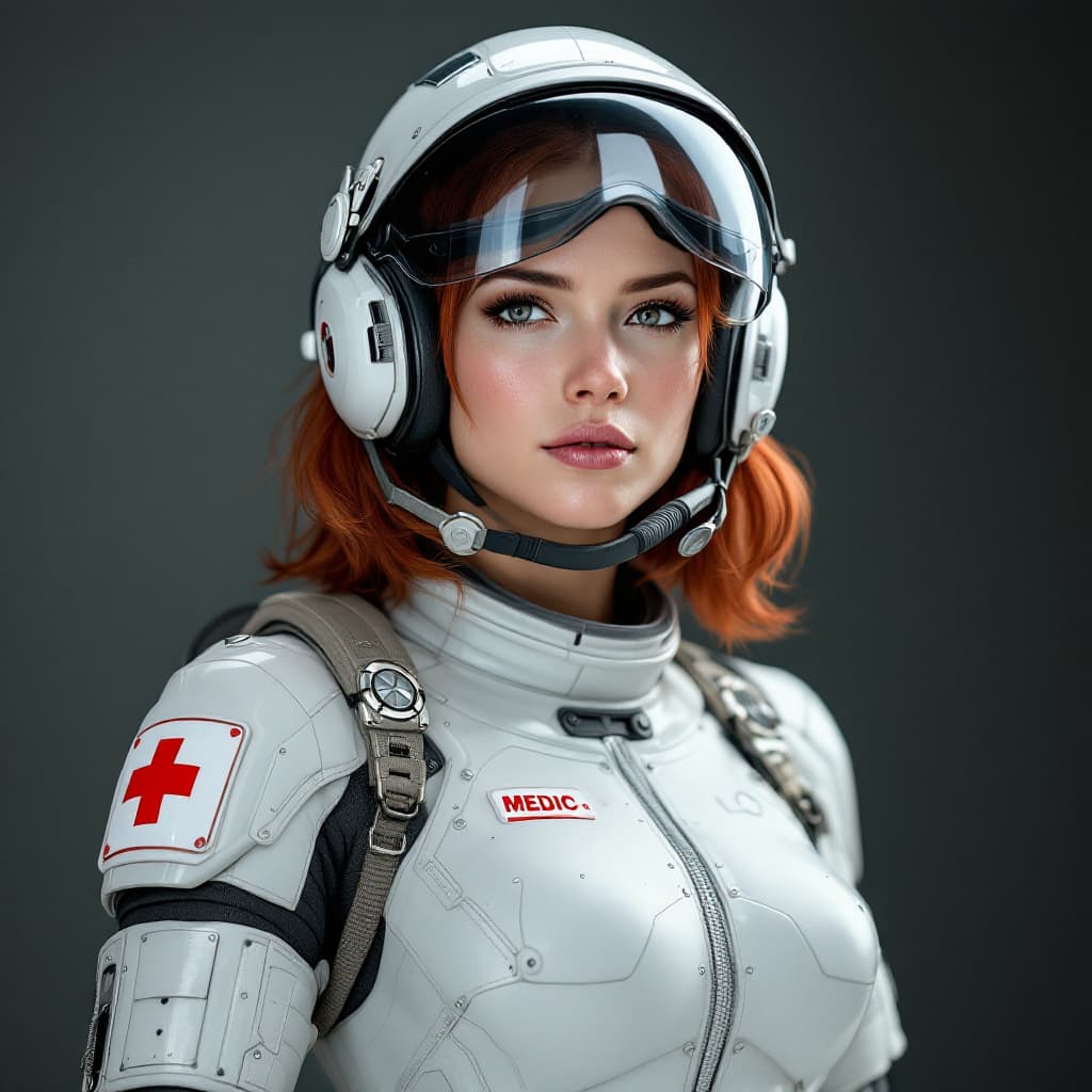 AI generated: Adult female with athletic build, shoulder-length red hair, wearing white metal combat armor and a w...