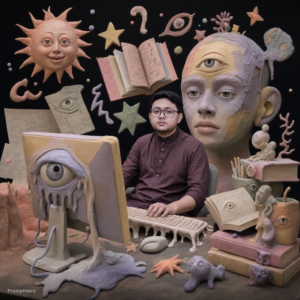 AI generated: surreal editorial composition, hyperrealistic human mixed with handmade plasticine sculptures, tacti...