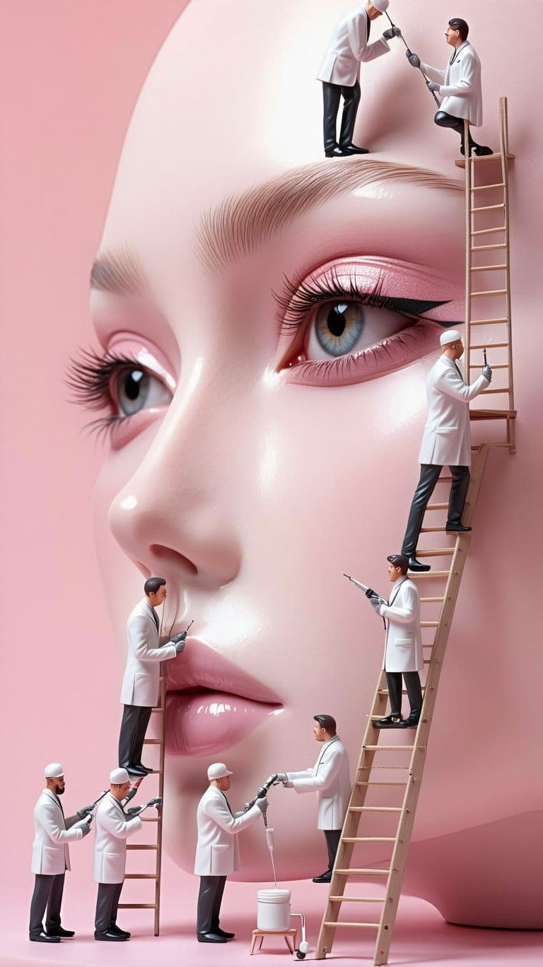 AI generated: Create a Real Eye of a Model Face - A real photo of numerous tiny people, reminiscent of midgets, pe...