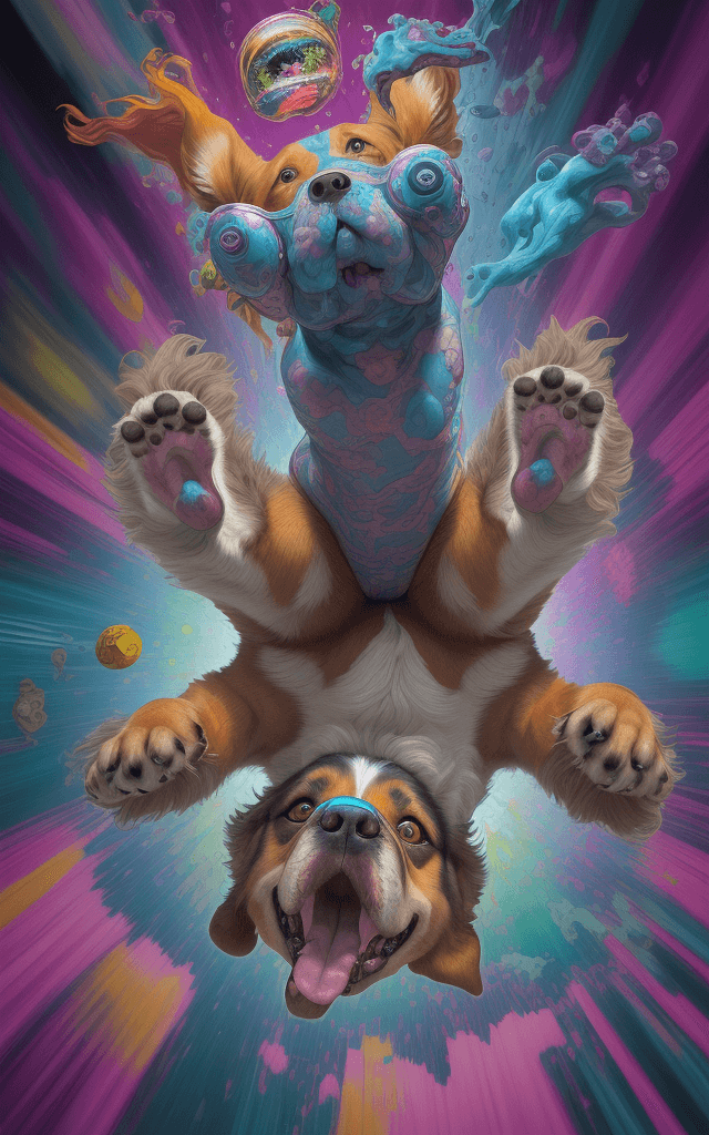 AI generated: A dog(perfect anatomy) emanating an aura of confusion performs a leap, surreal painting, contorted r...