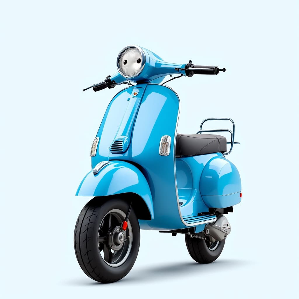 AI generated: *"Ultra-minimalist 2D flat blue Vespa LML 150 scooter, standing normally on two black semi-circle wh...
