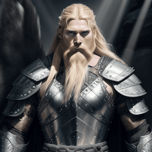 AI generated: Viking male warrior fierce, long blonde hair, long beard, rough pale skin, blue eyes, symmetrical fe...