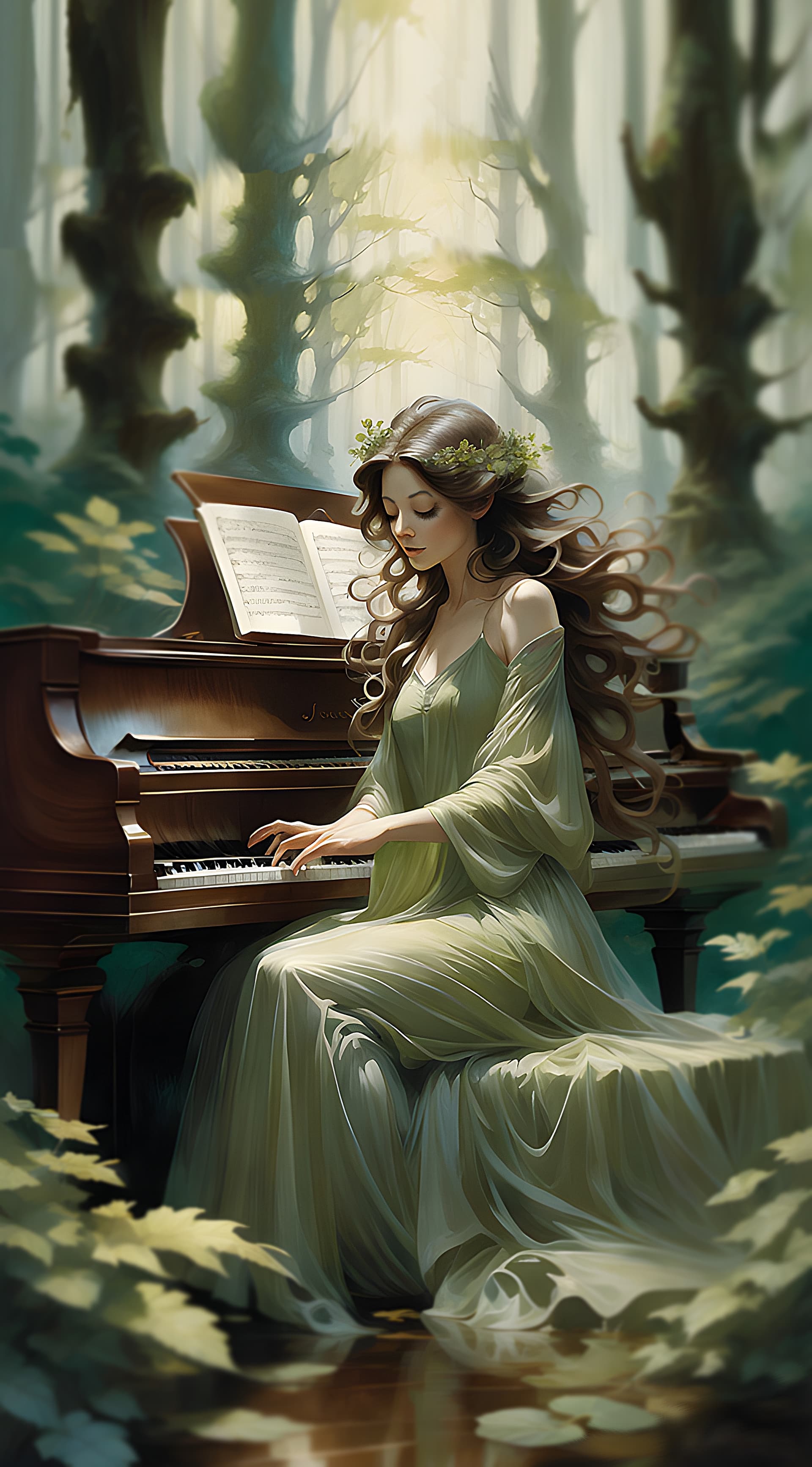 AI generated: Digital art in the style of Antonio J. Manzanedo, James jean, Brian froud of an enchanting piano rec...