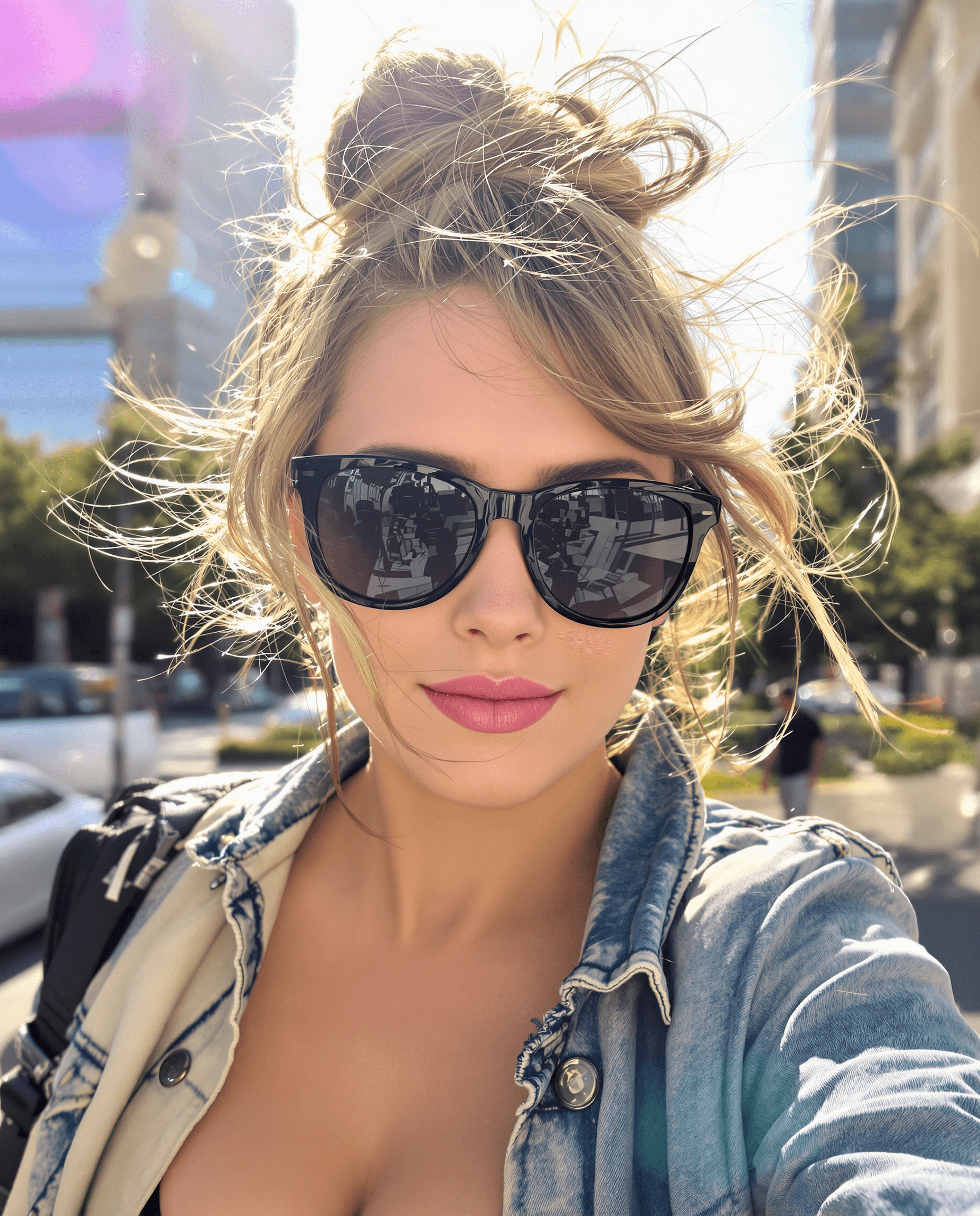 AI generated: Keeley hazell ,dark brown messy bun,ample chest,taking a close-up selfie in golden sunlight, wearing...
