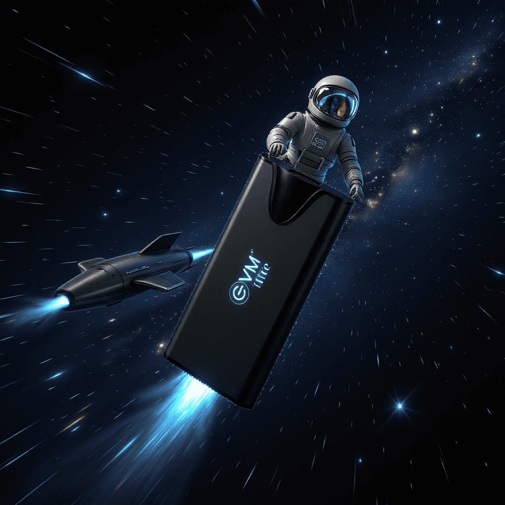 AI generated: "A futuristic external SSD glowing with a neon blue aura, flying through outer space like a rocket. ...