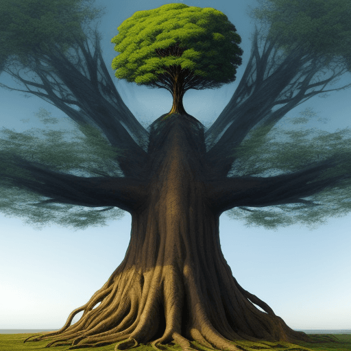 AI generated: abstract art of a giant tree that goes up to the sky with human form
