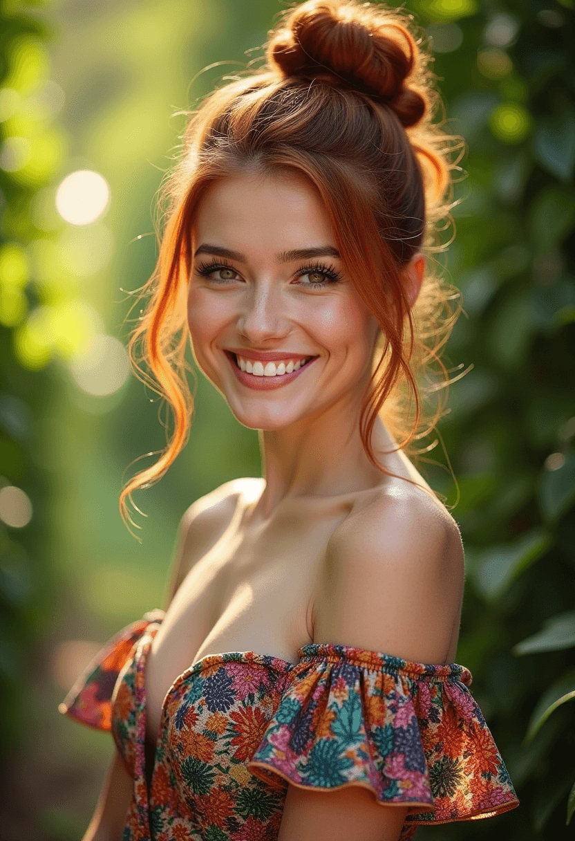 AI generated: photograph of a wwoman, auburn hair in a bun, happily smiling at the viewer, wearing a colorful off ...