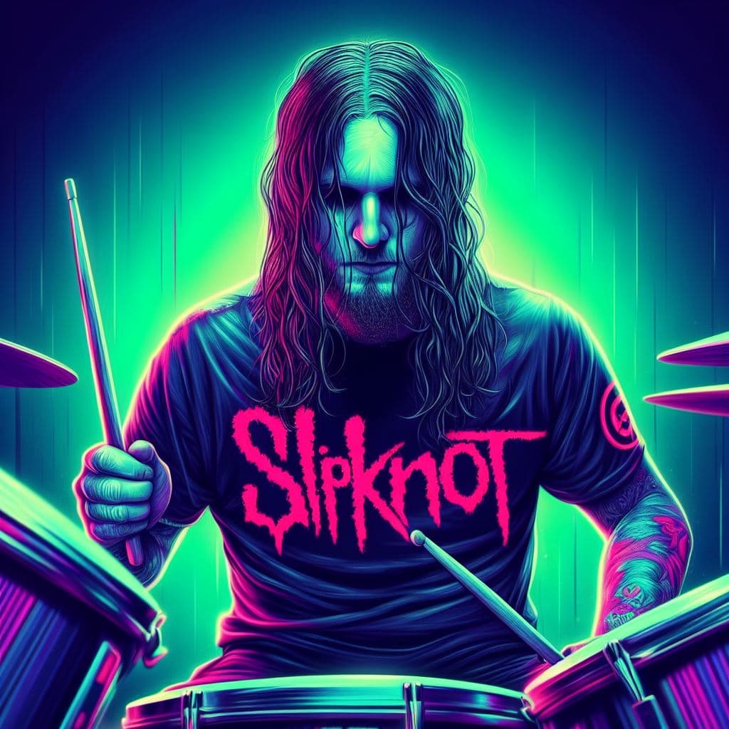 AI generated: Joey Jordison of Slipknot playing drums, poster inspired by the art of Sam Spratt, Reddit Contest wi...
