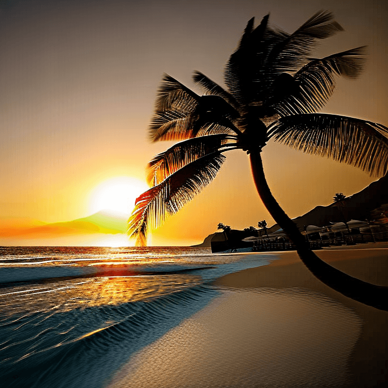 AI generated: (masterpiece , award winning , highest quality:1. 2), palm tree , sunset , ocean , graphic color log...