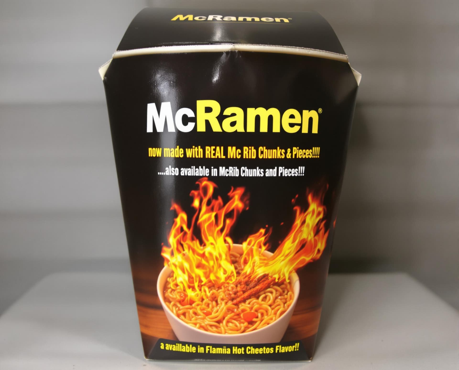 AI generated: A McDonald's Cardboard Soup container that has the contrasting text that reads "McRamen ~ now made w...