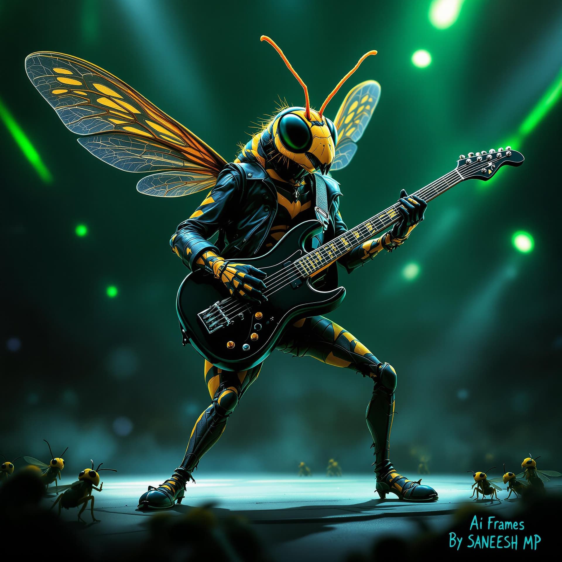 AI generated: A wasp insect standing upright like a human, playing an electric guitar on stage. Its wings are buzz...