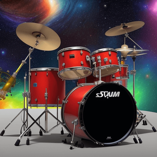 AI generated: a logo of drum kit including imagery of synths, soundboards, drums and pianos in a colorful intergal...