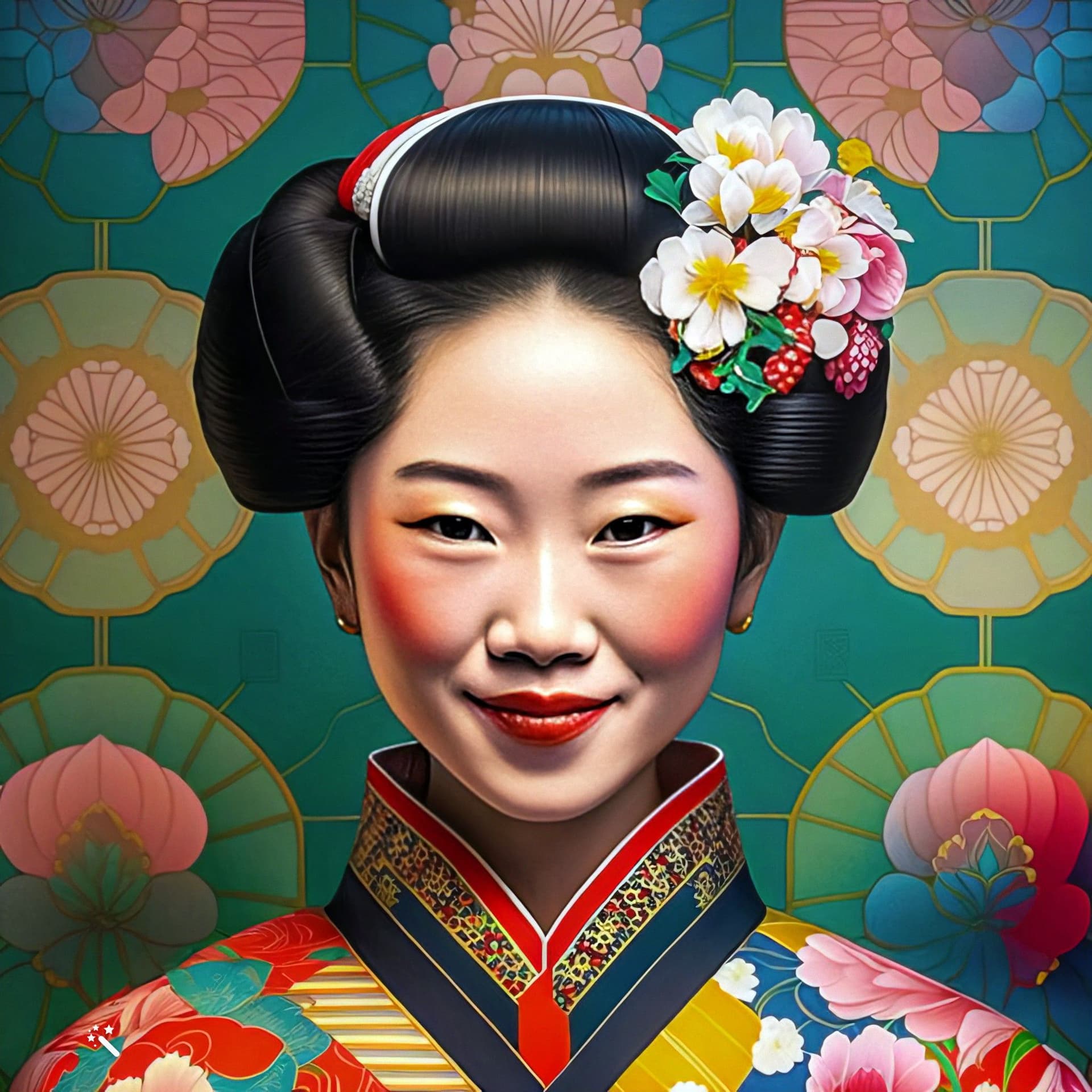 AI generated: Manga art style, portrait Japanese black-haired geisha with smile, with a smile in a flowery kimono,...