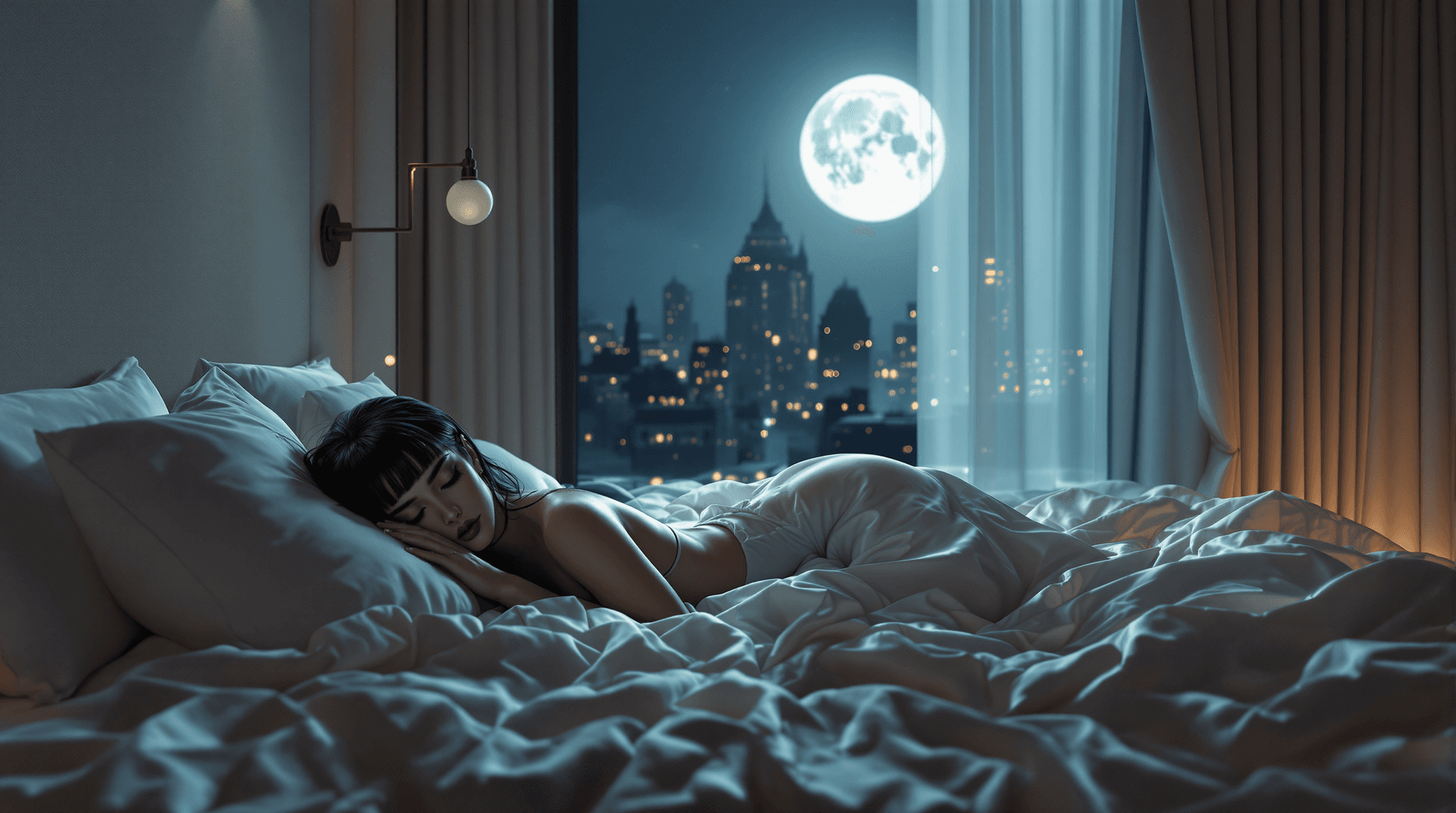 AI generated: "Ultra-realistic, cinematic overview of a luxurious modern bedroom, bathed in the soft, ethereal glo...