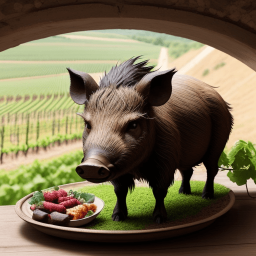 AI generated: wild boar in a dish. decor in the vineyards