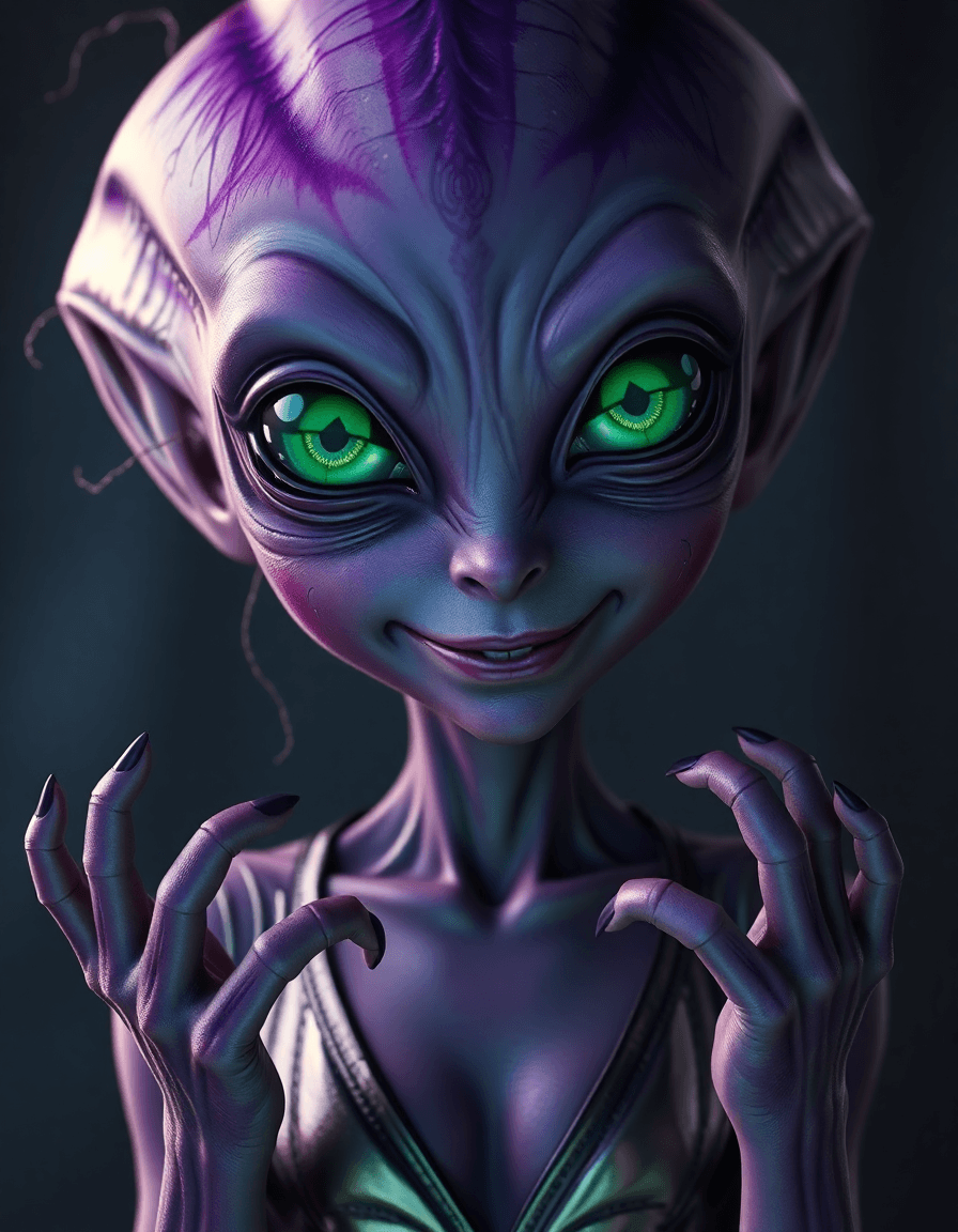 AI generated: A girl alien  with purple-dark green  skin, iridescent green eyes with triangle-shaped irises, like ...