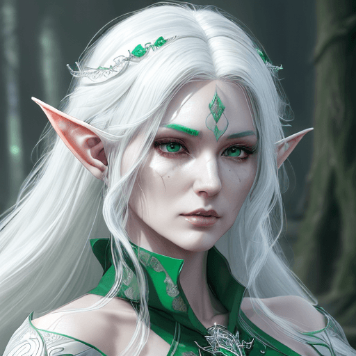 AI generated: mdjrny-v4 style, Elf Sorceress in a (emerald robe), pale Wood Elf with white hair, Enchanting, ultra...