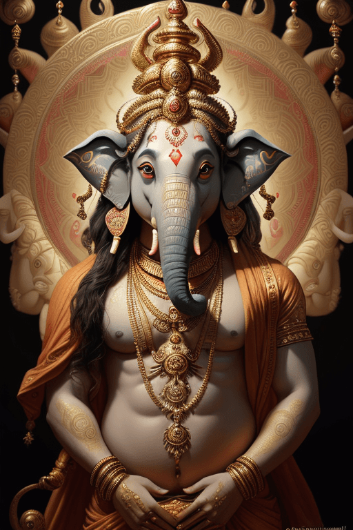 AI generated: Painted portrait of Ganesh, a shining God of mercy and power over the world. Ganesh who removes obst...
