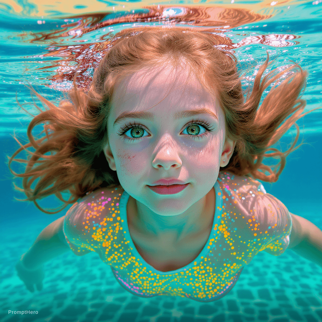 AI generated: A beautiful girl with big green eyes and long eyelashes is swimming underwater. The water around her...