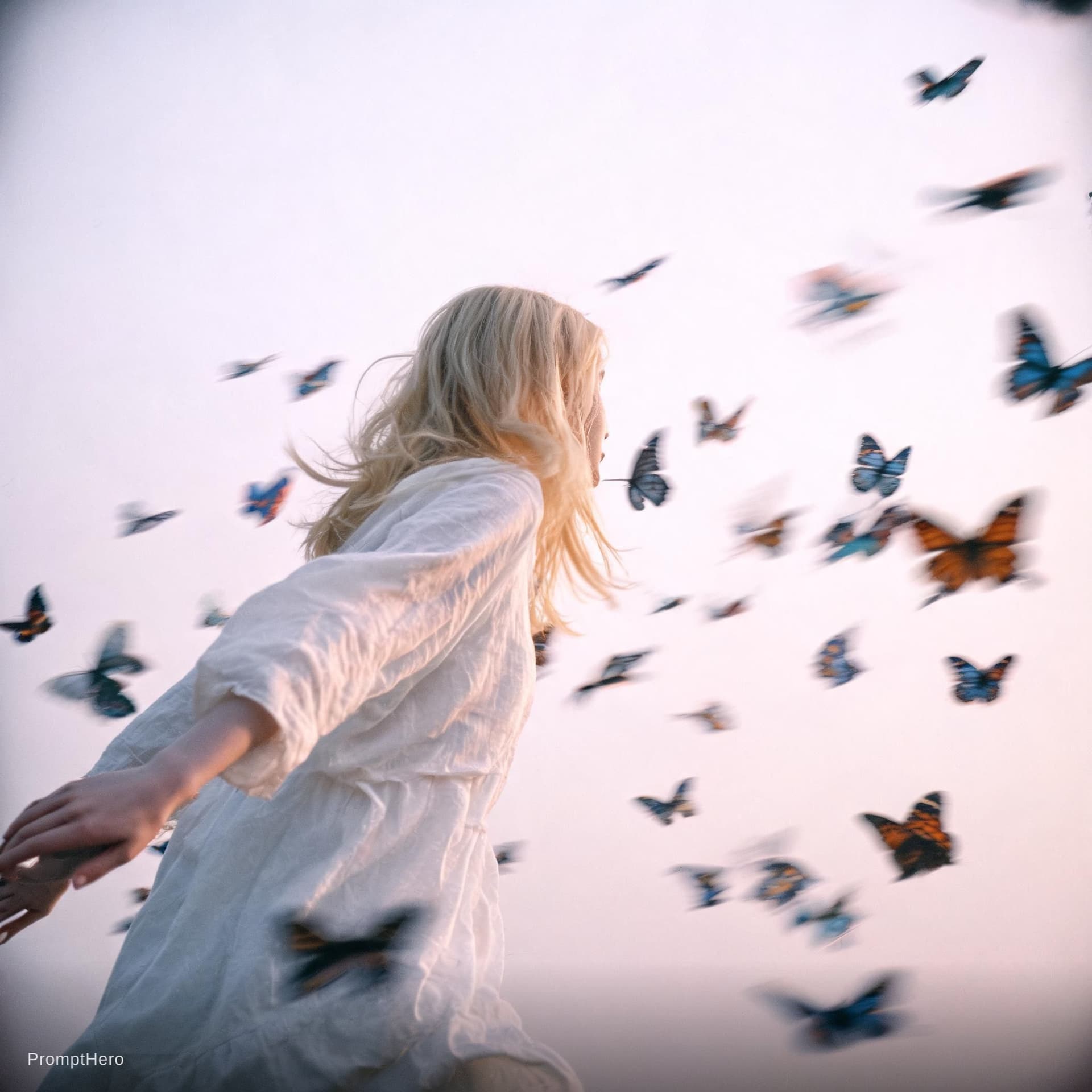 AI generated: High-contrast colorful saturated cinematic image of a blonde woman in a white linen dress in profile...