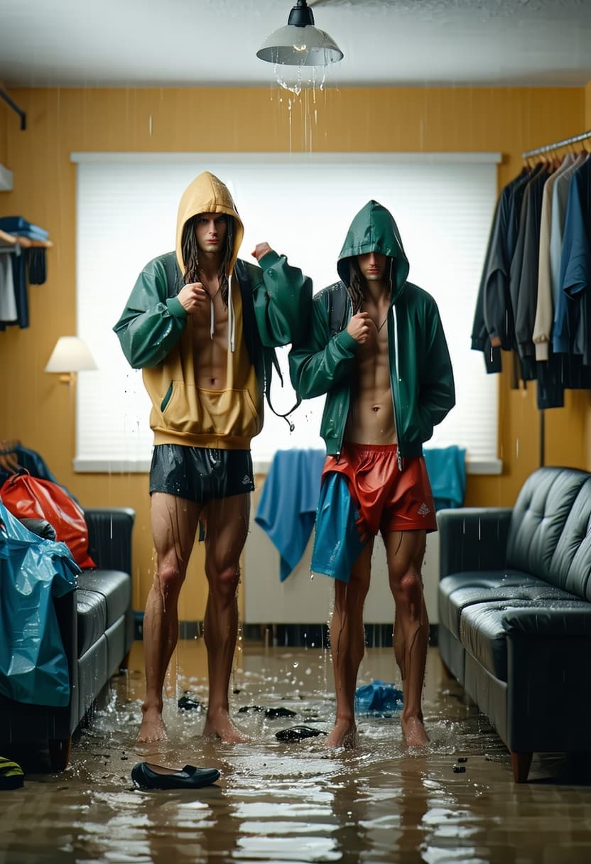 AI generated: Remove background, replace background with rainy day on the street, soaking wet clothes, wet hair, w...