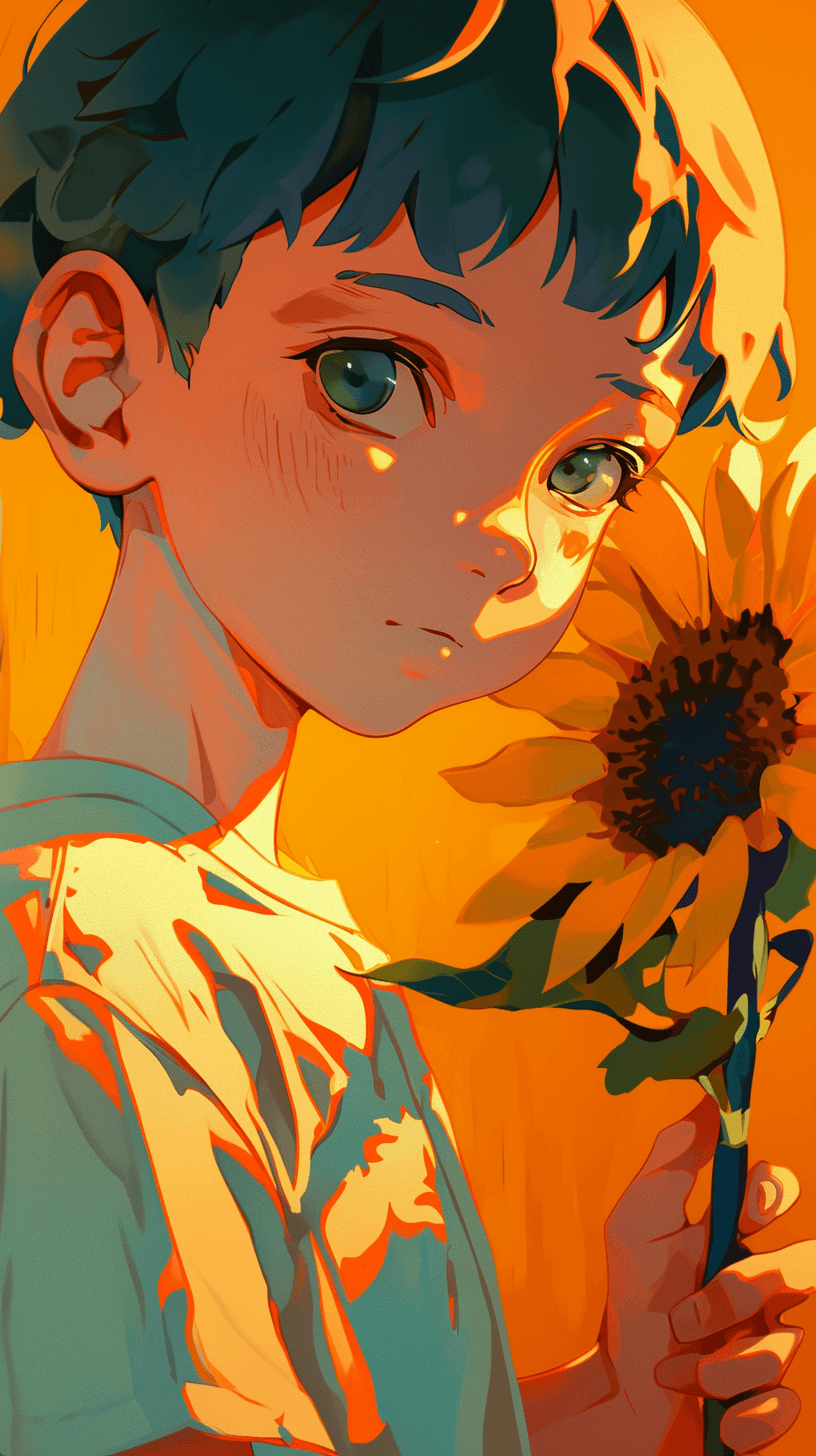 AI generated: stylized digital art portrait of a boy with short, spiky blue hair, holding a sunflower, he has deep...