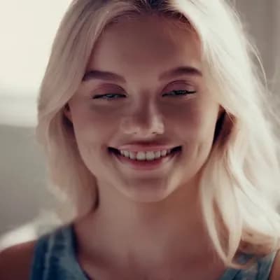 AI generated video: Circa 2015 snapchat filter. Young busty blonde with blue eyes smiling wearing tank top