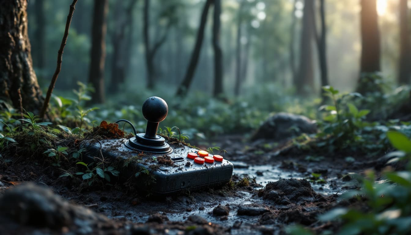 AI generated: "A realistic depiction of an old joystick abandoned in a dense forest. The joystick is partially bur...