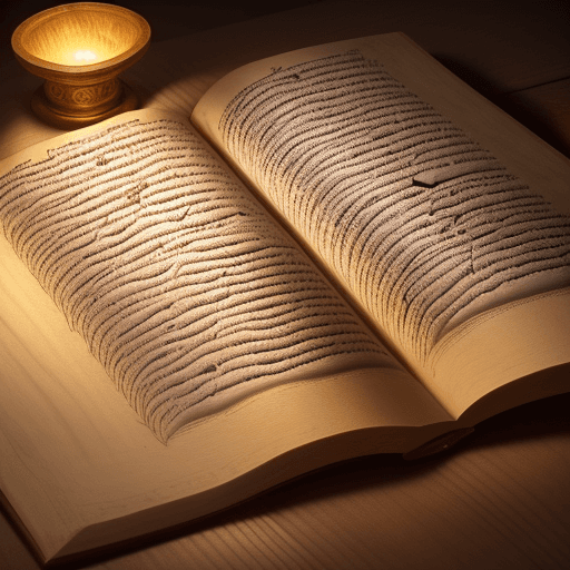 AI generated: A majestic scroll of the Torah, beautifully illuminated, unfurled on an elegant wooden table, with s...