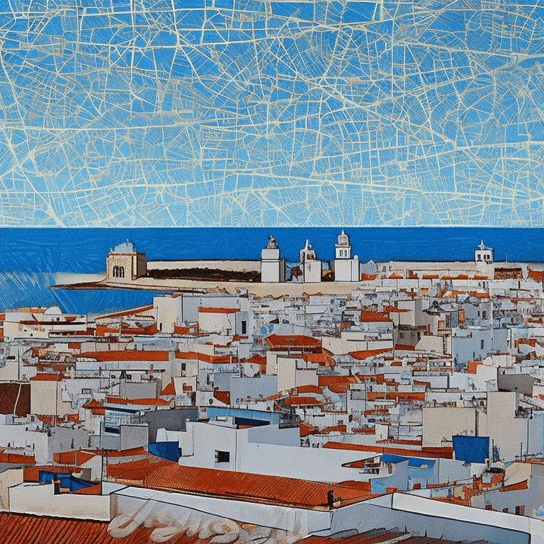 AI generated: A panoramic view of Cádiz town in Spain as Juan Gris painter style