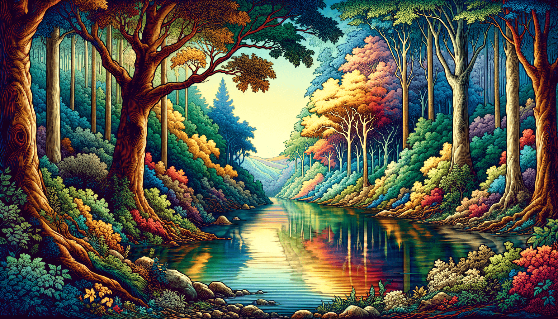 AI generated: insane illustration, a landscape that transmits peace and calm, the background is wooded and colorfu...
