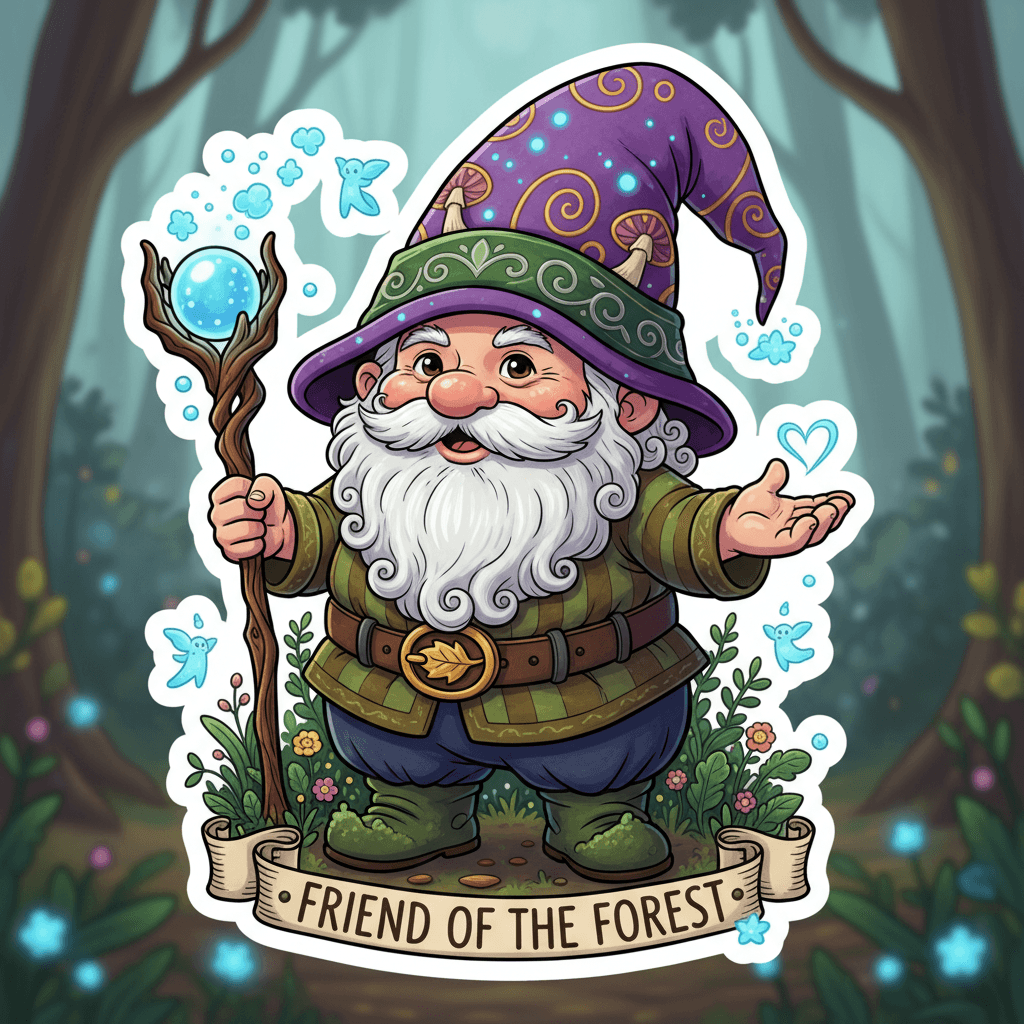 AI generated: A highly detailed full-body cartoon sticker of a whimsical gnome character. The gnome is wearing a v...