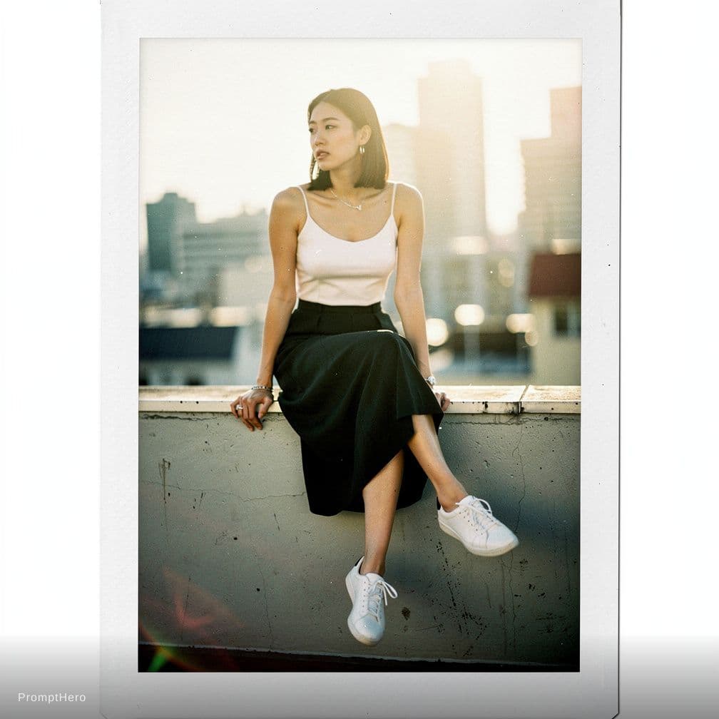 AI generated: polaroid photograph of an Asian model, sitting on the edge --chaos 75 --ar 1:2 --raw --profile we14m...
