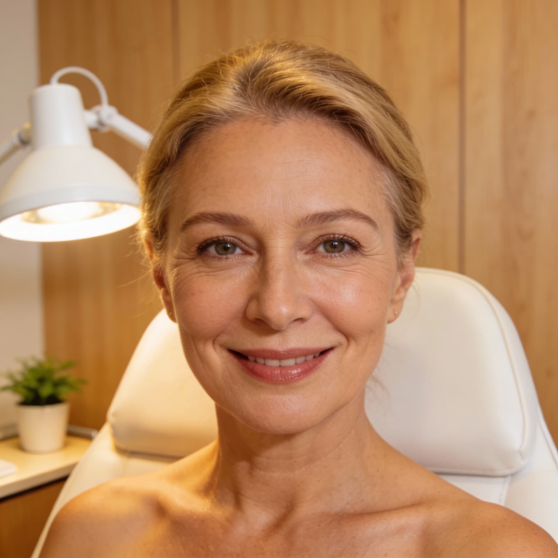 AI generated: same woman in her first 50's 
setting in dermatologist clinic chair, in a warm vibes, her face is fr...