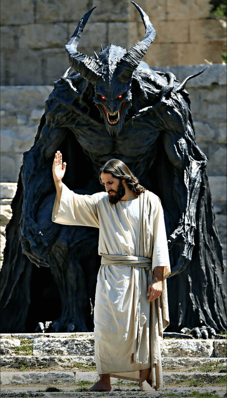 AI generated: jesus parado al frente de un demonio