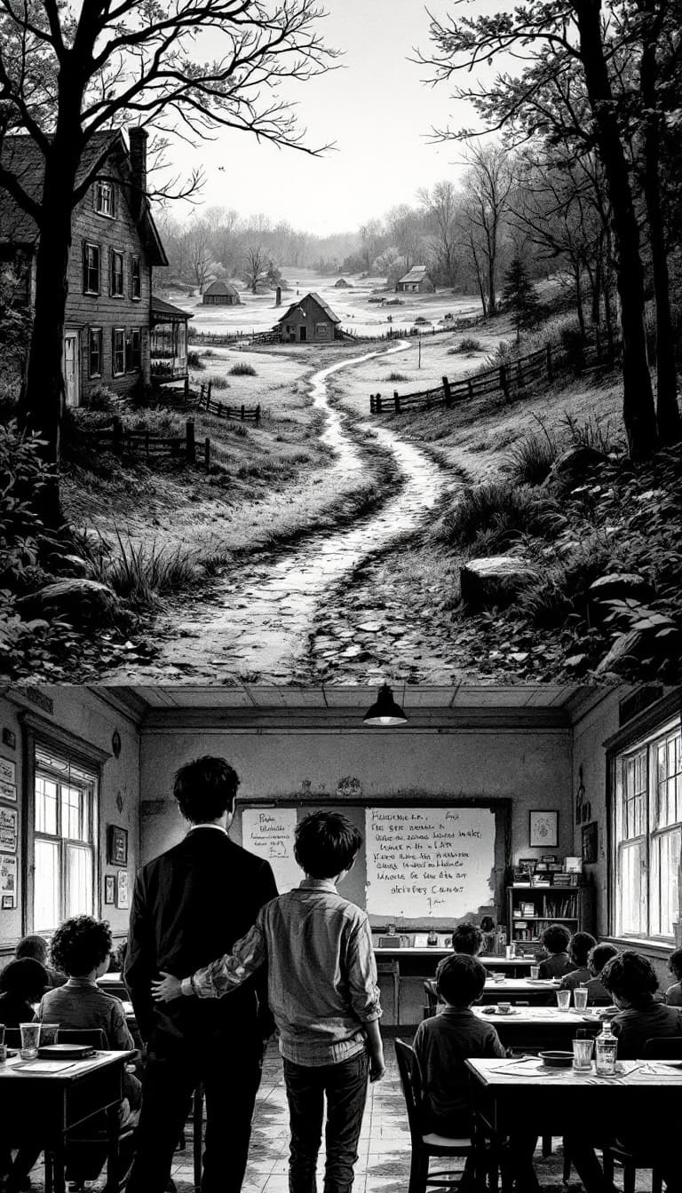 AI generated: An image in a Victorian Penny Dreadful comic of a Black-and-white images of rural New Hampshire, int...